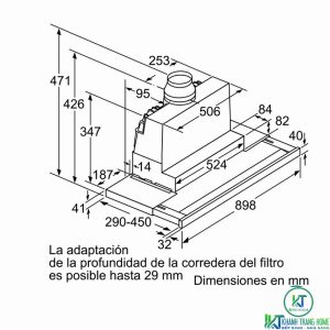 kich thuoc may hut mui dfs097k50 8 MÁY HÚT MÙI ÂM TỦ BOSCH DFS097K50 SERIE 8 NGANG 90CM
