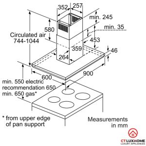 thong so lap dat 1 dib091e51 2000x2000 MÁY HÚT MÙI ĐẢO BOSCH DIB091E51 SERIE 6 NGANG 90CM